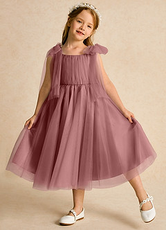 Azazie Dori Robe Demoiselle D'honneur Fillette Robe Trapèze en Tulle Rayé Rose Du Désert image4