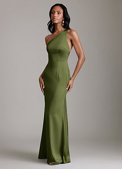 Azazie Voni Bridesmaid Dresses Olive Mermaid One Shoulder Stretch Satin Dress image6