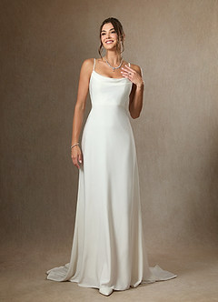 Azazie Shiv At-home Try On Dresses Diamond White A-Line Beaded Crepe Back Satin Dress image4