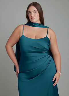 Azazie Calandra Jurken voor bruidsmeisjes Jurk van Stretch Satijn met Kolom Geplooide Inkt Blauw image8