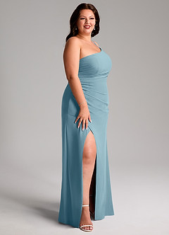 Azazie Eren Bridesmaid Dresses Moody Blue Sheath One Shoulder Chiffon Dress image12
