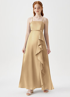 Azazie Kaylee Junior Robe Trapèze en Satiné métallisé avec ceinture Champagne image3