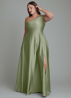 Azazie Melanie Jurken voor bruidsmeisjes Jurk van Stretch Satijn met A-lijn Off-shoulder Pistache image3
