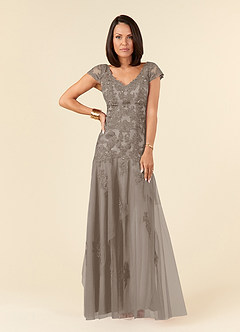 Azazie Romy Mother of the Bride Dresses Taupe Mermaid V-Neck Sequins Tulle Dress image1