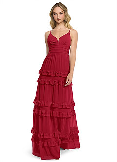 Azazie Rachel Brautjungfernkleider A-Linie Chiffon Kleid Scharlachrot image1