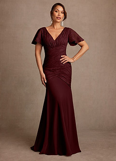 Azazie Jolene Mother of the Bride Dresses Cabernet Mermaid Pleated Floral Burnout Dress image1