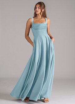 Azazie Shaude Robes de demoiselle d'honneur Robe Trapèze en Satin extensible Plissée Bleu Maussade image3