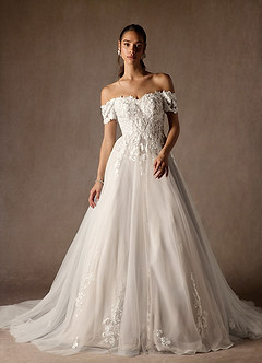 Azazie Rowe Vestidos de novia Vestido de Blanco Diamante Arena de Tul de Corte Princesa con Vestidos sin tirantes image8