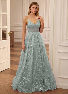 Juliette Vert Robe de bal trapèze à col en V et broderie florale à sequins image3