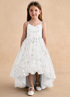 Azazie Celia Robe Demoiselle D'honneur Fillette Robe Trapèze en Tulle Bretelles spaghetti Blanc image6
