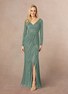 Azazie Risa Mother of the Bride Dresses Eucalyptus Mermaid V-Neck Pleated Mesh Dress image1
