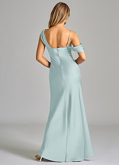 Azazie Celina Bridesmaid Dresses Mist Sheath Off the Shoulder Stretch Satin Dress image2