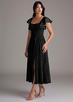 Azazie Bondi Bridesmaid Dresses Black A-Line Ruched Floral Burnout Dress image3