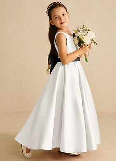 Azazie Pipsy Flower Girl Dresses Ivory Black A-Line Bow Matte Satin Dress image3