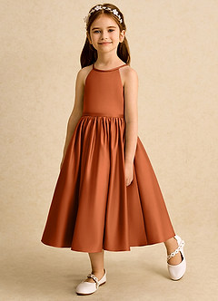 Azazie Indi Robe Demoiselle D'honneur Fillette Robe Trapèze en Mat Satiné Arc Orange Brûlée image3