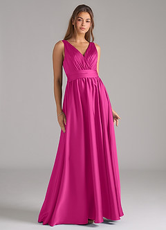 Azazie Kora Bridesmaid Dresses Fuchsia A-Line Pleated Stretch Satin Dress image1