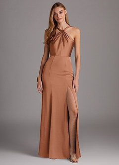 Azazie Elana Final Sale Bronzer Mermaid Side Slit Stretch Satin Dress image1