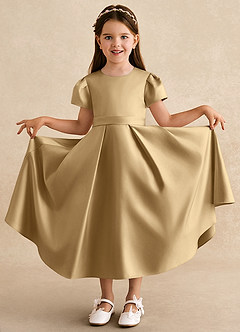 Azazie Princess Flower Girl Dresses Gold A-Line Pleated Matte Satin Dress image3