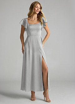Azazie Bondi Bridesmaid Dresses Silver A-Line Ruched Stretch Satin Dress image1
