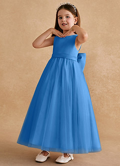 Azazie Cookie Flower Girl Dresses Blue Jay A-Line Bow Tulle Dress image4