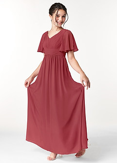 Azazie Temeka Junior Pomegranate A-Line Pleated Chiffon Dress image3