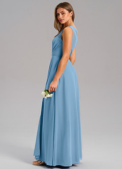 Azazie Phaedra Abiti da Damigella Abito A-Line in Chiffon Monospalla Blu Acciaio image14