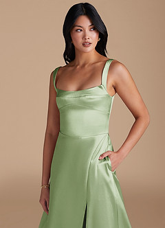 Azazie Hope Brautjungfernkleider A-Linie mit Taschen Metallischer Satin Kleid Staubiger Salbeigrün image3