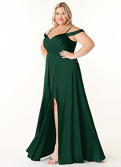 Azazie Ocean Bridesmaid Dresses Dark Green A-Line V-Neck Pleated Stretch Satin Dress image16