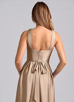 Azazie Dixie Bridesmaid Dresses Taupe A-Line Pleated Stretch Satin Dress image2