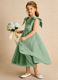Azazie Serene vestidos de niña de las flores Vestido de Matcha de Satin Mate de Princesa con Lazo image2