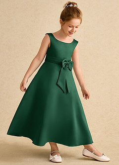 Azazie Eve Flower Girl Dresses Dark Green A-Line Pleated Matte Satin Dress image3