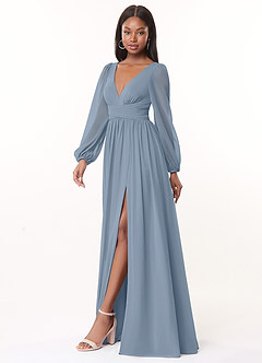Azazie Norah Robes de demoiselle d'honneur Robe Trapèze en Mousseline de soie Col en V, manches longues Bleu Poussiéreux image4