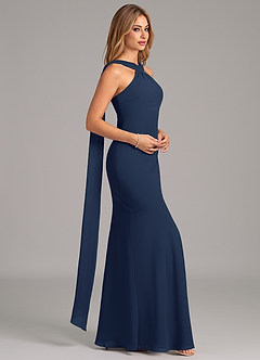 Azazie Kinsley At-home Try On Dresses Dark Navy Mermaid Pleated Chiffon Dress image6