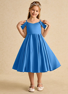 Azazie Favia Flower Girl Dresses Blue Jay A-Line Off the Shoulder Matte Satin Dress image4