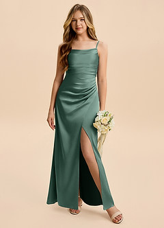 Azazie Minnie Junior Eucalyptus Sheath Ruched Stretch Satin Dress image4