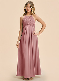 Azazie Ginny Junior Vestido Rosa Polvorienta de Satén Elástico de Corte en A con Plisado image1