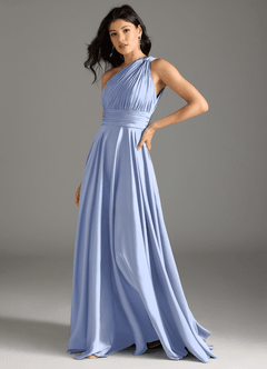 Azazie Charlize Robes de demoiselle d'honneur Robe Trapèze en Satin extensible Ue épaule Eis image4