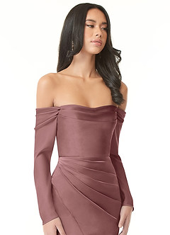 Azazie Hallie Bridesmaid Dresses Vintage Mauve Sheath Off-The-Shoulder Long Sleeve Stretch Satin Convertible Dress image1