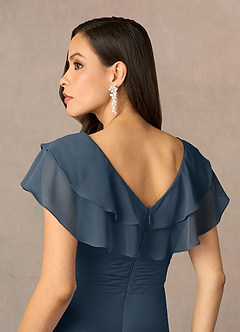 Azazie Snapdragon Mère de la mariée Robes Robe Trapèze en Mousseline de soie Col en V froncé Neptune image5