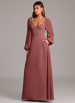 Azazie Annistyn 신부 들러리 드레스 A라인 긴팔 쉬폰 바닥 길이 드레스 image1