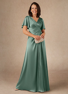 Azazie Emmeline Mother of the Bride Dresses Eucalyptus A-Line Pleated Stretch Satin Dress image1