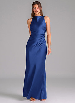 Azazie Evadne Bridesmaid Dresses Royal Blue Sheath Pleated Stretch Satin Dress image3