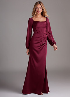 Azazie Charissa Bridesmaid Dresses Burgundy Sheath Long Sleeve Stretch Satin Dress image6