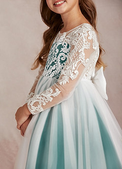 Azazie Elodie Blumenmädchenkleider Ballkleid Spitze Kleid Elfenbein Pfau image7