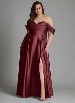 Azazie Loisa Robes de demoiselle d'honneur Robe Trapèze en Satin extensible Épaules dénudées Merlot image8