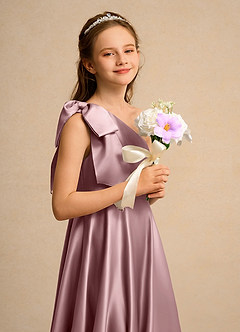 Azazie Guppy Girl Blumenmädchenkleider A-Linie One-Shoulder Matte Satin Kleid Altrosa image6