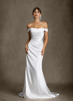 Azazie Darlene Wedding Dresses Diamond White Mermaid Off the Shoulder Metallic Satin Dress image1