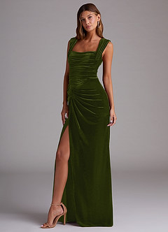 Azazie Genesis Bridesmaid Dresses Olive Sheath Pleated Velvet Dress image4