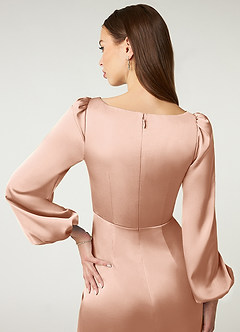 Azazie Mel Bridesmaid Dresses Rose Gold Sheath Long Sleeve Stretch Satin Dress image6