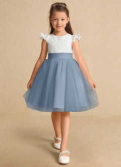 Azazie Vetty Flower Girl Dresses Ivory Dusty Blue A-Line Lace Tulle Dress image6